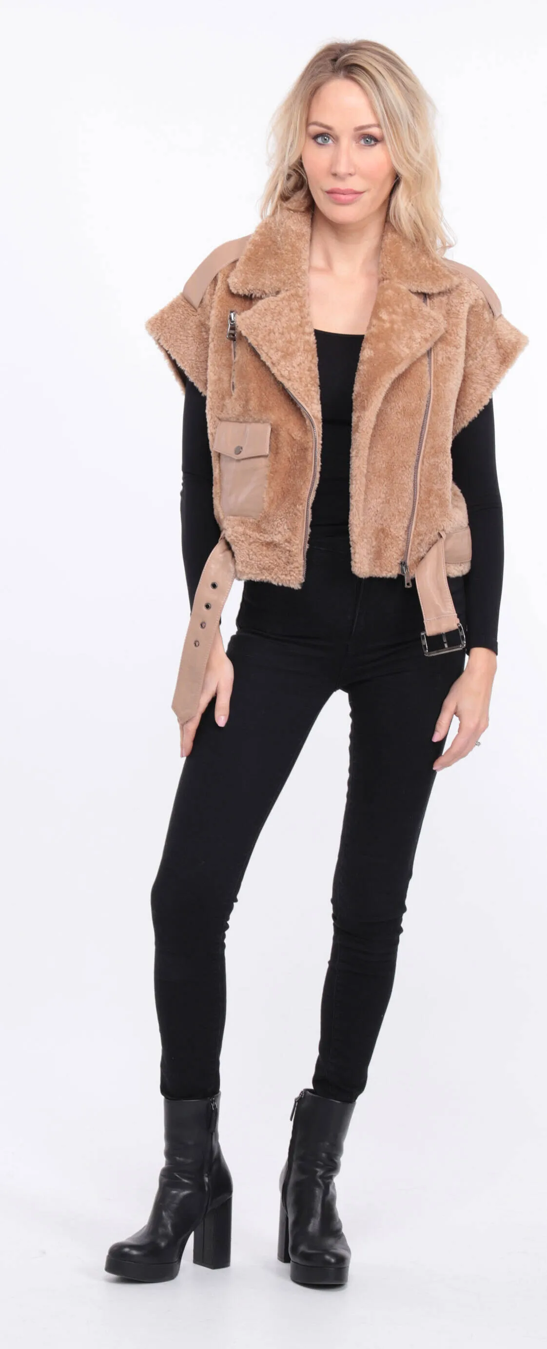 Women's camel sheepskin sleeveless vest sie