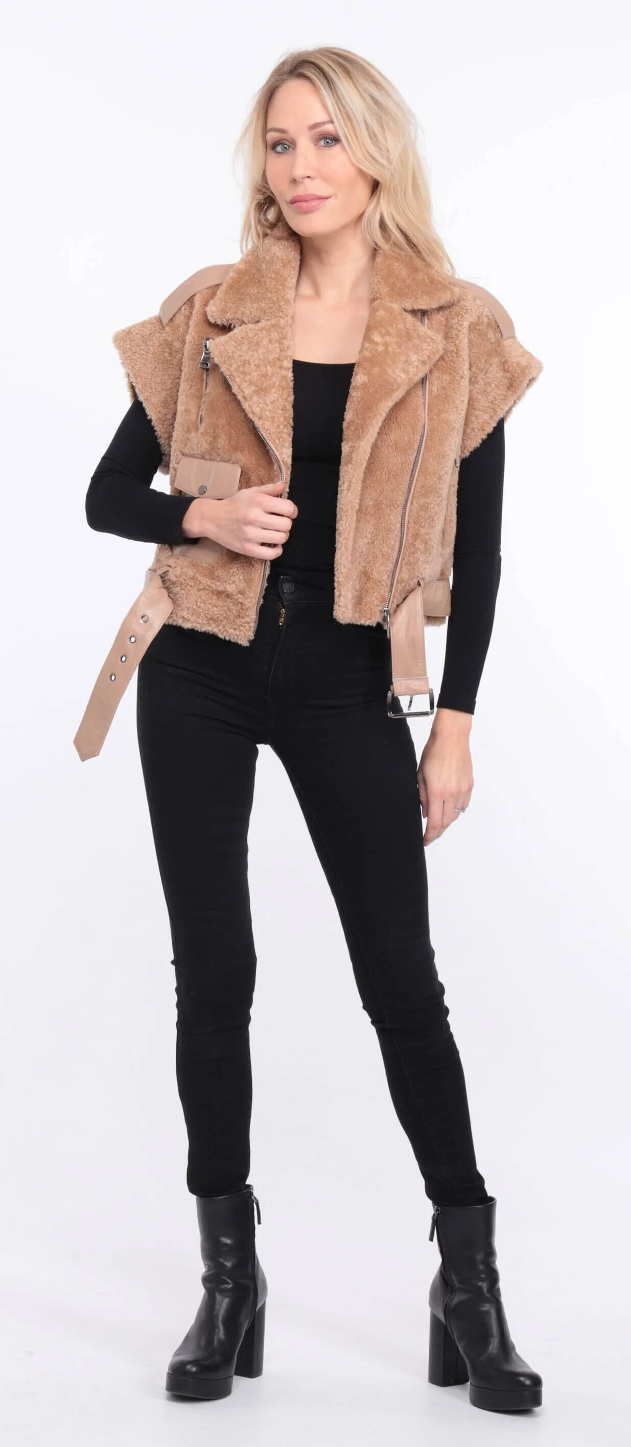 Women's camel sheepskin sleeveless vest sie