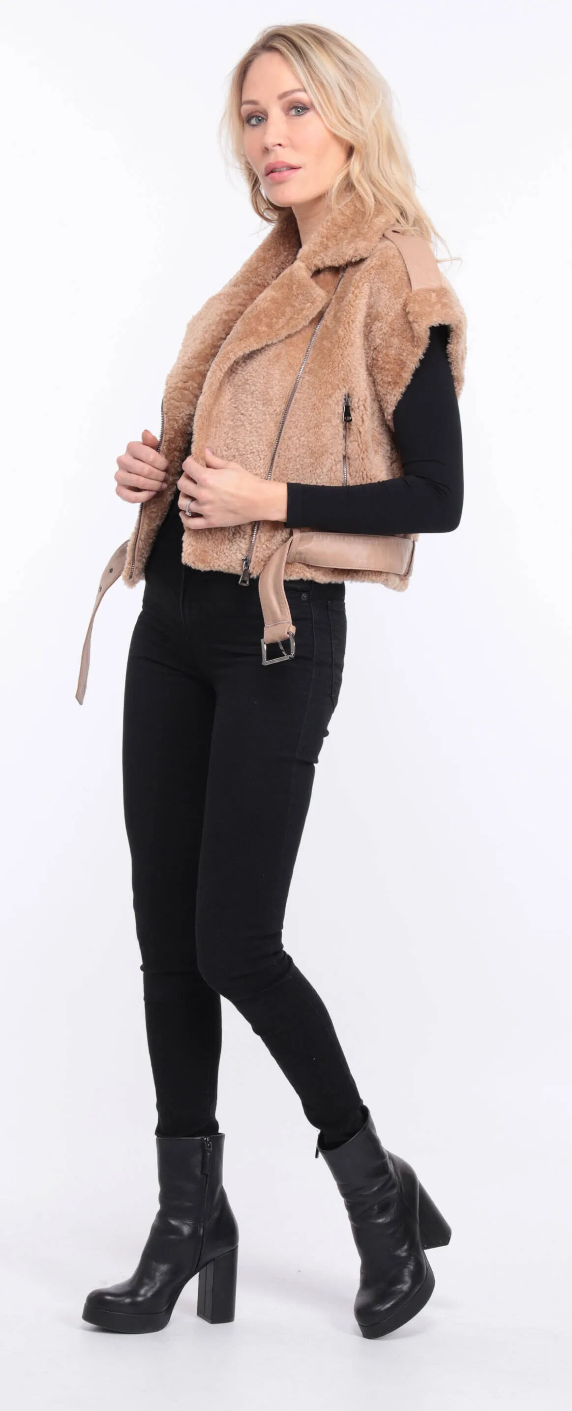 Women's camel sheepskin sleeveless vest sie