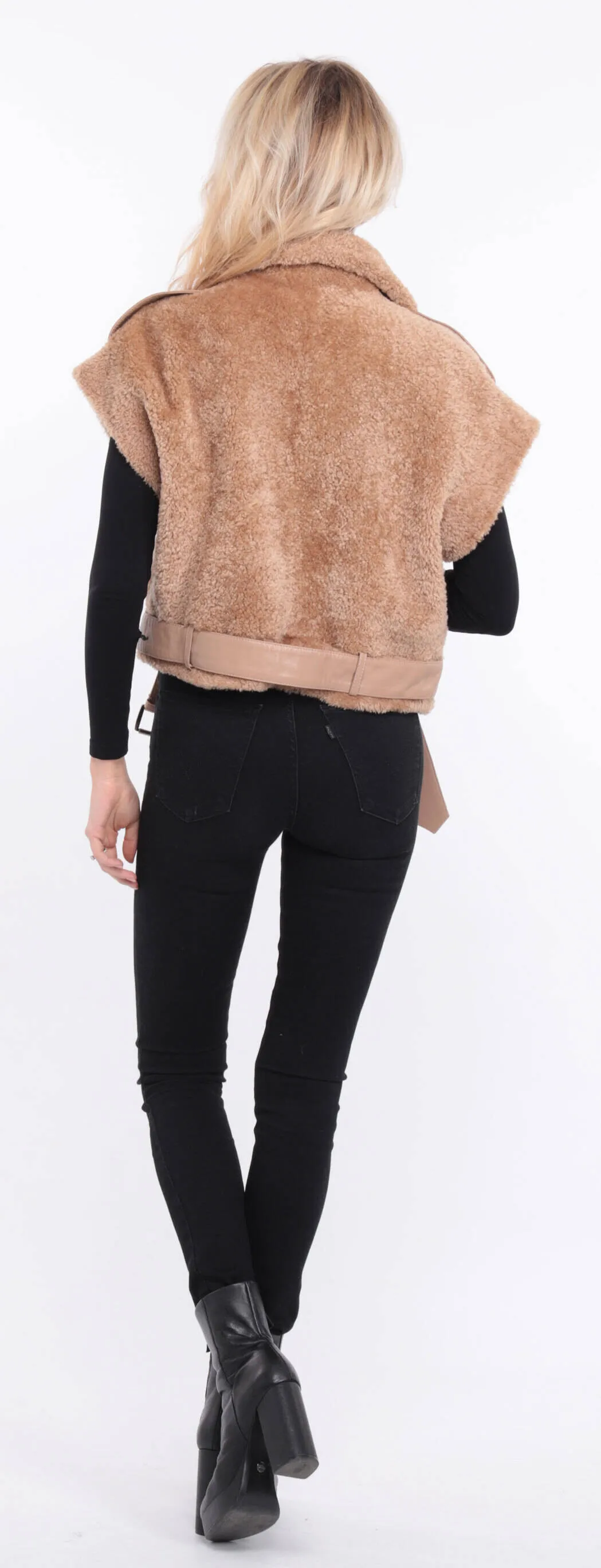 Women's camel sheepskin sleeveless vest sie