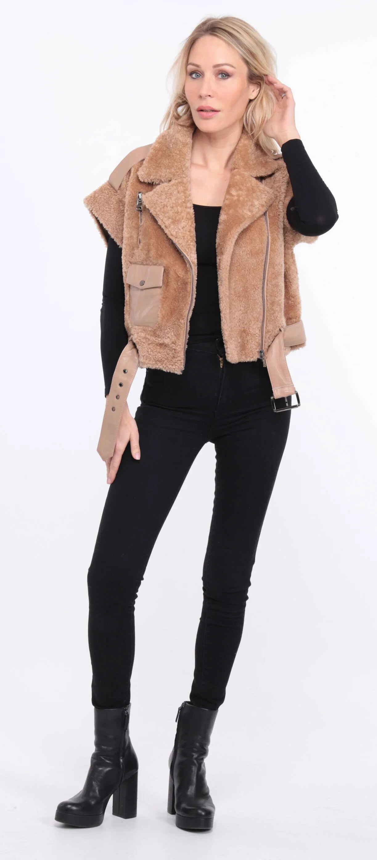 Women's camel sheepskin sleeveless vest sie