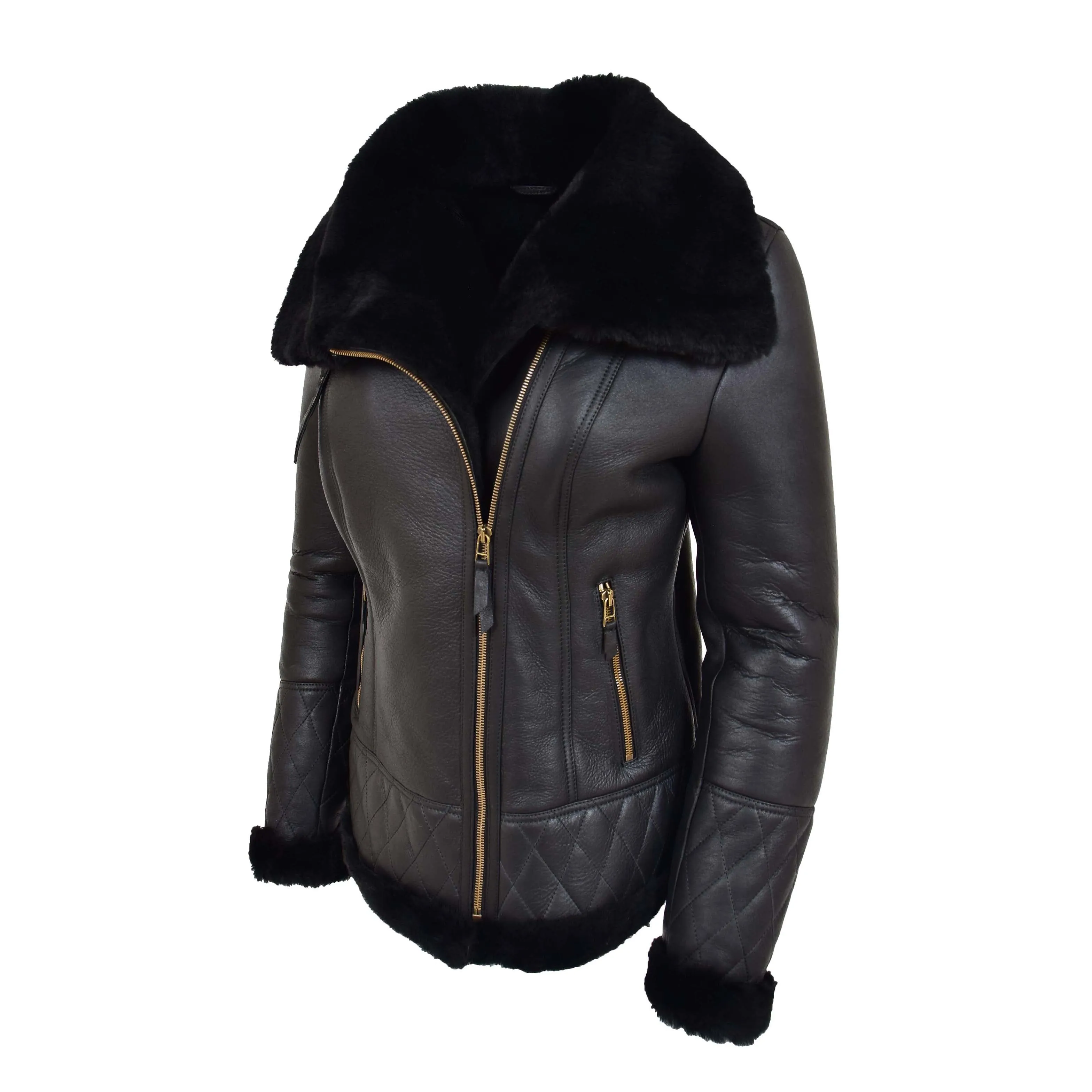 Womens Merino Sheepskin Aviator Jacket Isabelle Black