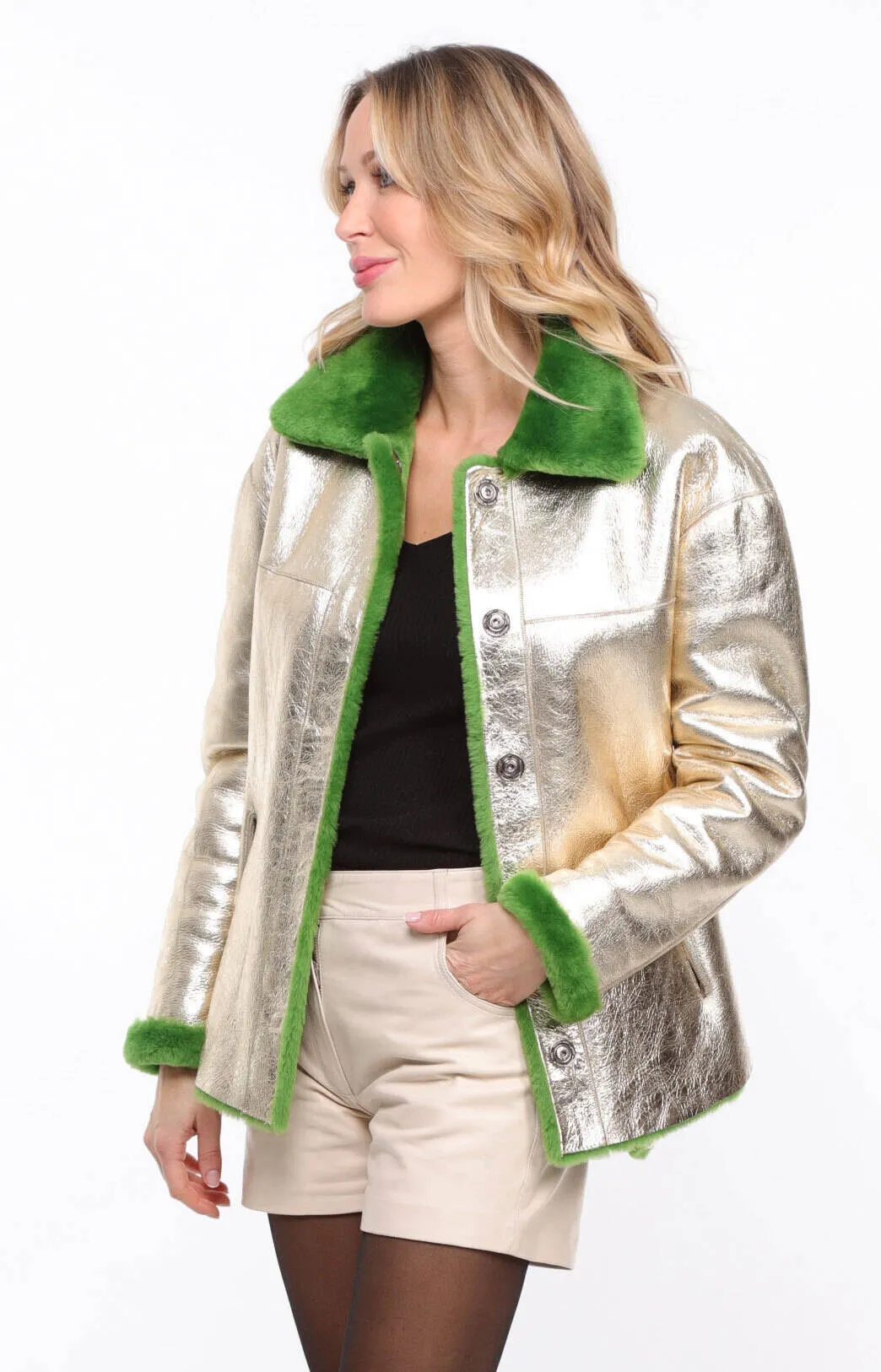 Women's reversible pistachio gold \rosa\ sheepskin leather jacket